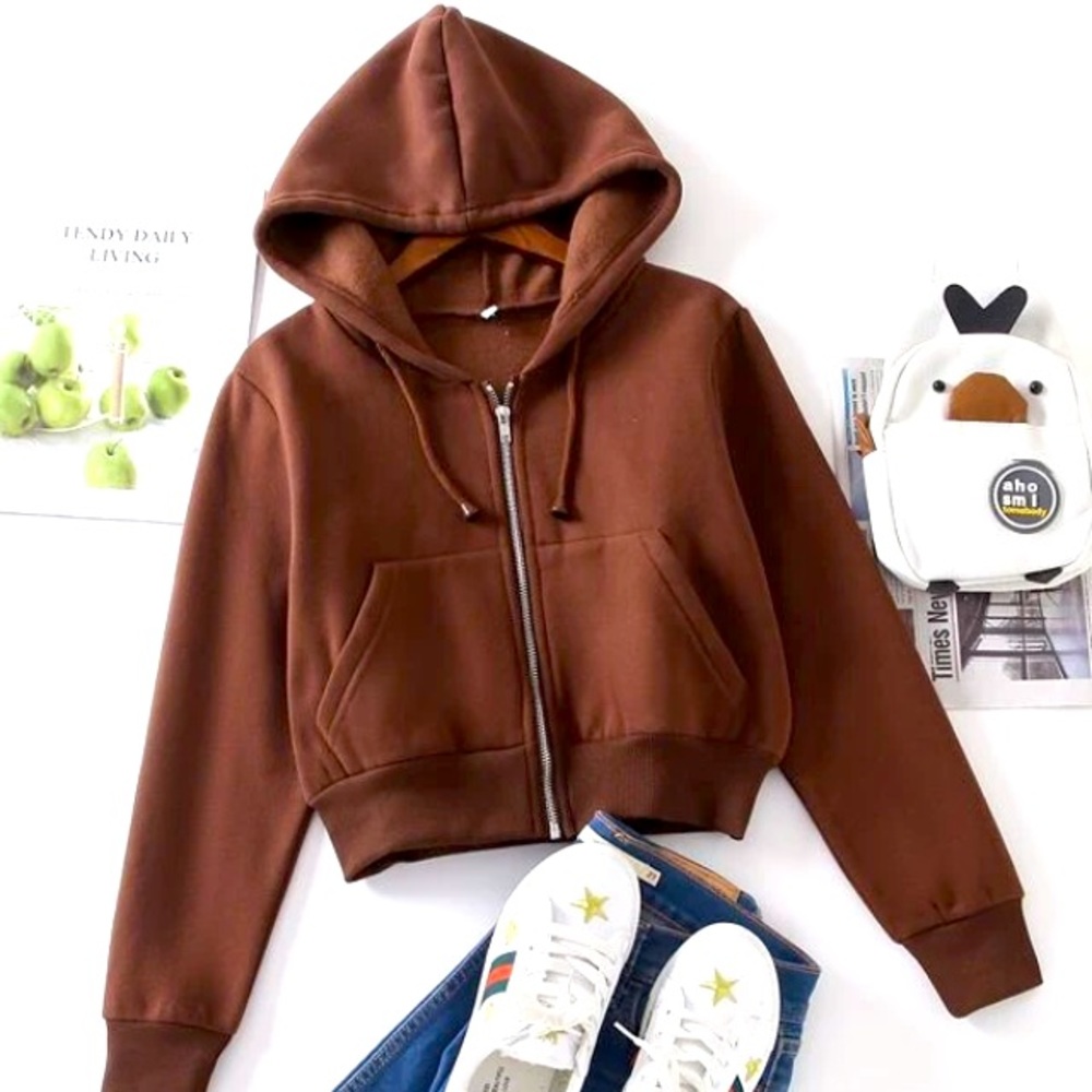 Women’s Brown Cropped Zip Up Hoodie